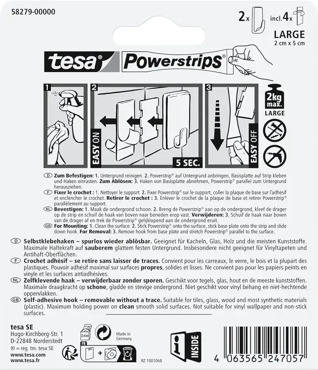 Instrukcja montażu czarnych haczyków Tesa Powerstrips przedstawiona krok po kroku na opakowaniu
