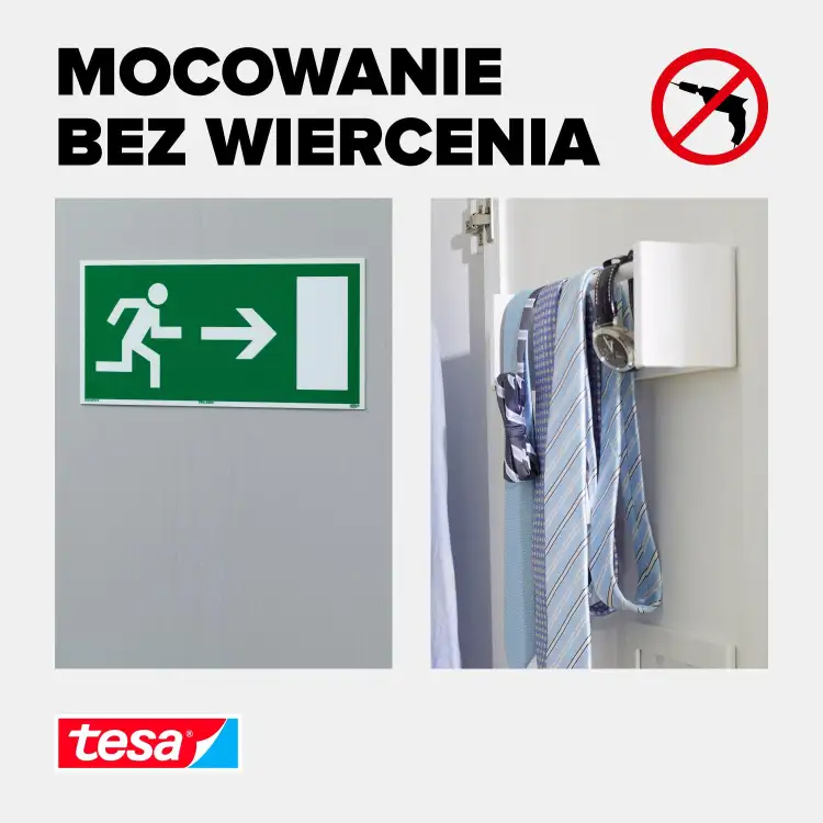 Na zdjęciu pokazano zastosowanie piankowej taśmy montażowej Tesa do mocowania przedmiotów na ścianie bez wiercenia
