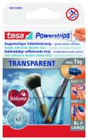 Opakowanie Tesa Powerstrips transparent prezentuje sposób mocowania dekoracji i akcesoriów na gładkich powierzchniach