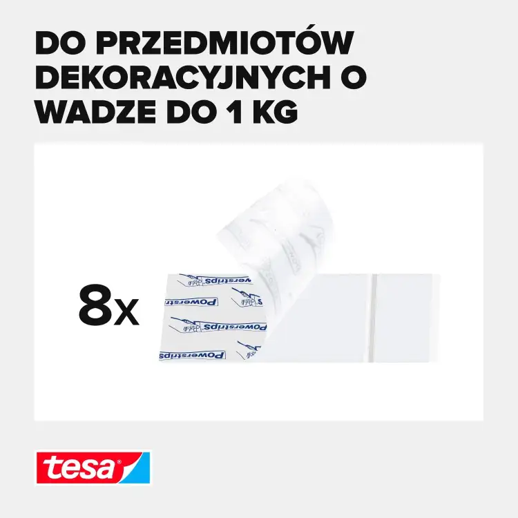 Opakowanie marki Tesa z ośmioma przezroczystymi paskami montażowymi przeznaczonymi do lekkich dekoracji