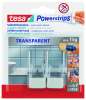 Opakowanie przezroczystych haczyków Tesa Powerstrips prezentowane na tle łazienkowych płytek