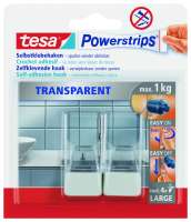 Opakowanie przezroczystych haczyków Tesa Powerstrips prezentowane na tle łazienkowych płytek