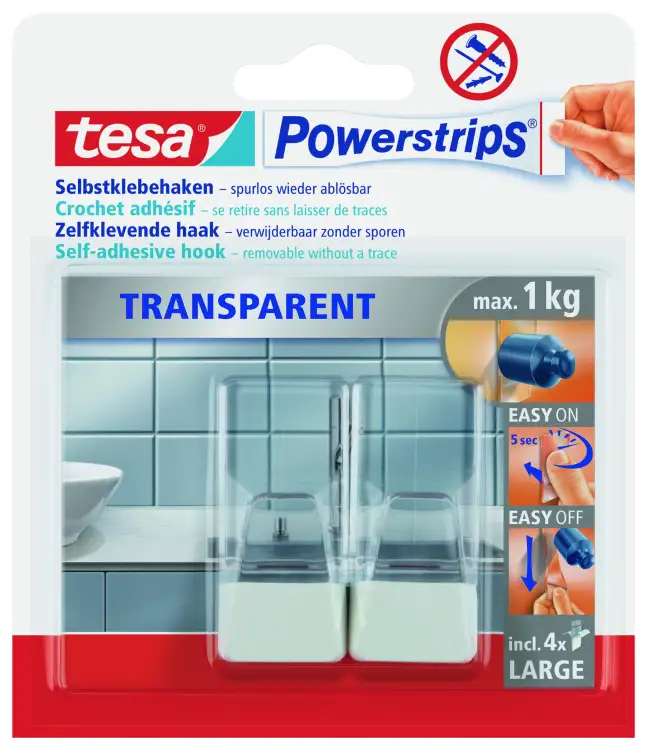 Opakowanie przezroczystych haczyków Tesa Powerstrips prezentowane na tle łazienkowych płytek