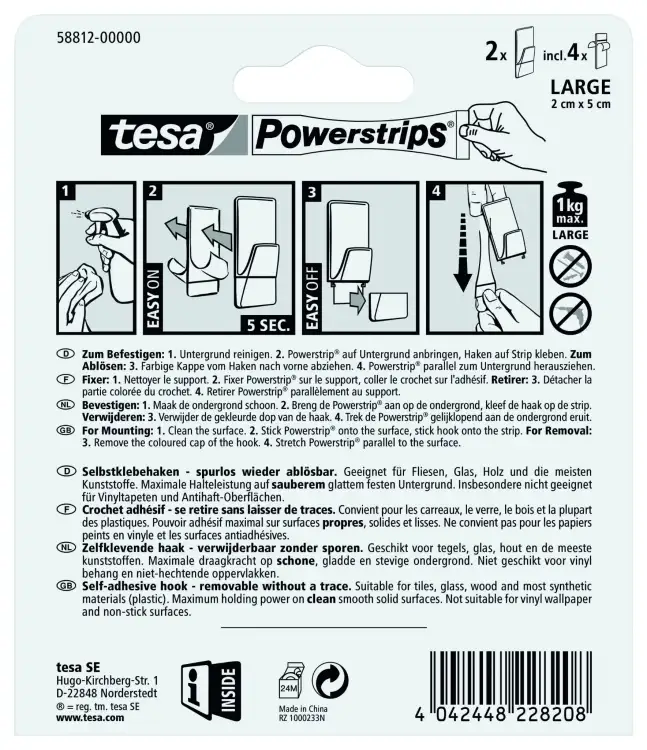 Instrukcja montażu haczyków Tesa Powerstrips pokazująca kolejne kroki mocowania na płytkach łazienkowych