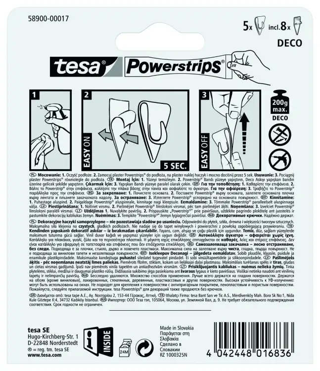 Instrukcja montażu przezroczystych haczyków Tesa Powerstrips widoczna na odwrocie opakowania