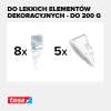 Zestaw przezroczystych haczyków Tesa Powerstrips prezentowanych na białym tle z informacją o udźwigu