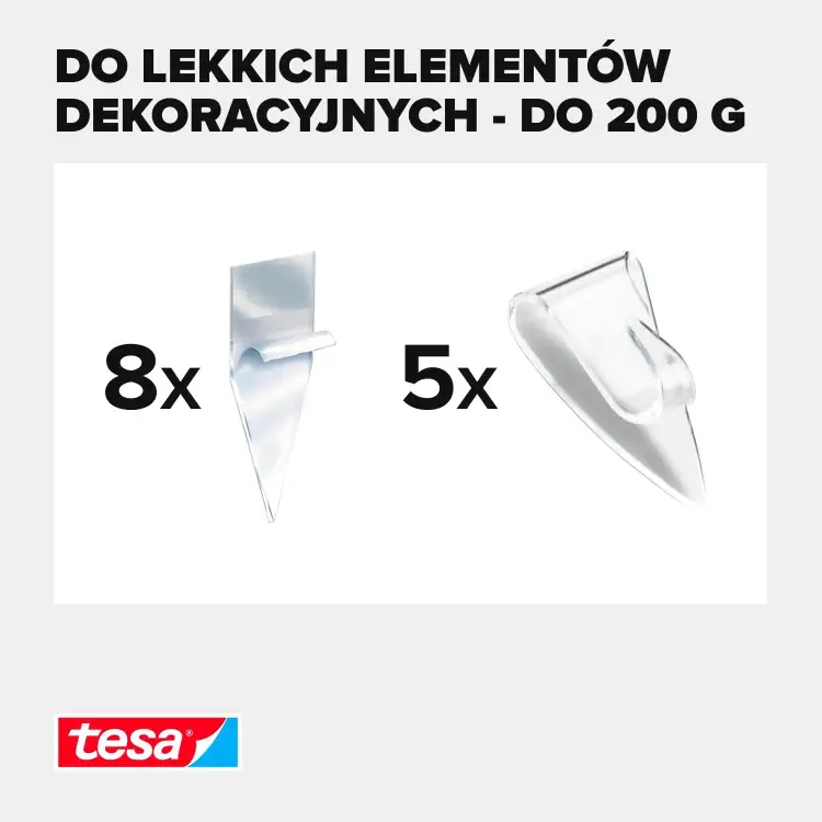 Zestaw przezroczystych haczyków Tesa Powerstrips prezentowanych na białym tle z informacją o udźwigu