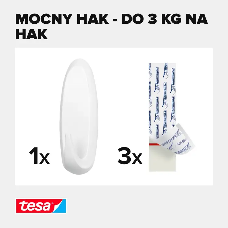 Zestaw Tesa z jednym samoprzylepnym haczykiem i trzema paskami montażowymi na jasnym tle