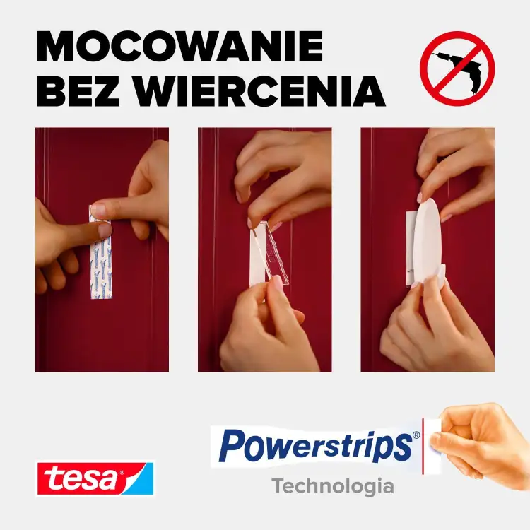 Zbliżenie na białą, owalną powierzchnię haczyka Tesa samoprzylepnego gotowego do zawieszenia ozdoby