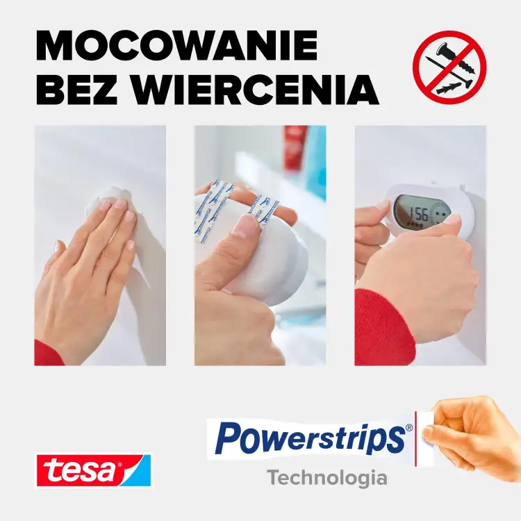 Trzy etapy montażu akcesoriów łazienkowych przy użyciu pasków samoprzylepnych Tesa Powerstrips