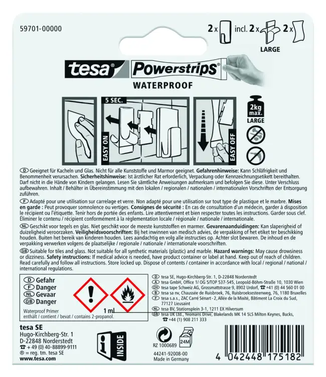 Instrukcja montażu haczyków Tesa Powerstrips na opakowaniu z czytelnymi piktogramami i ostrzeżeniami