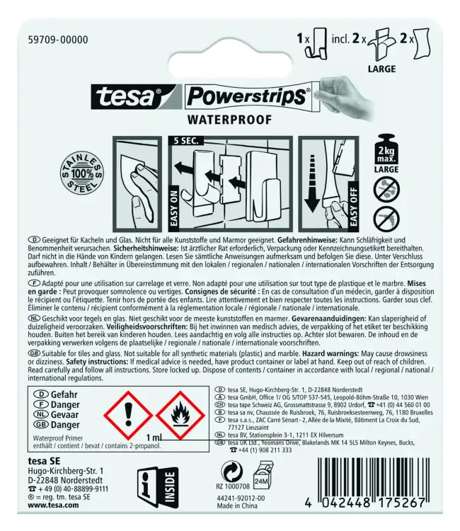 Instrukcja montażu samoprzylepnego haczyka Tesa na opakowaniu z piktogramami i ostrzeżeniami chemicznymi