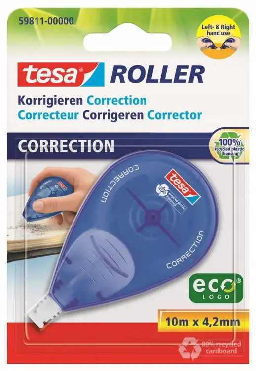Opakowanie korektora taśmowego Tesa Roller prezentuje produkt gotowy do natychmiastowego użycia w biurze