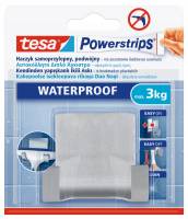 Srebrny metalowy uchwyt Tesa do łazienki prezentowany na tle oryginalnego opakowania waterproof
