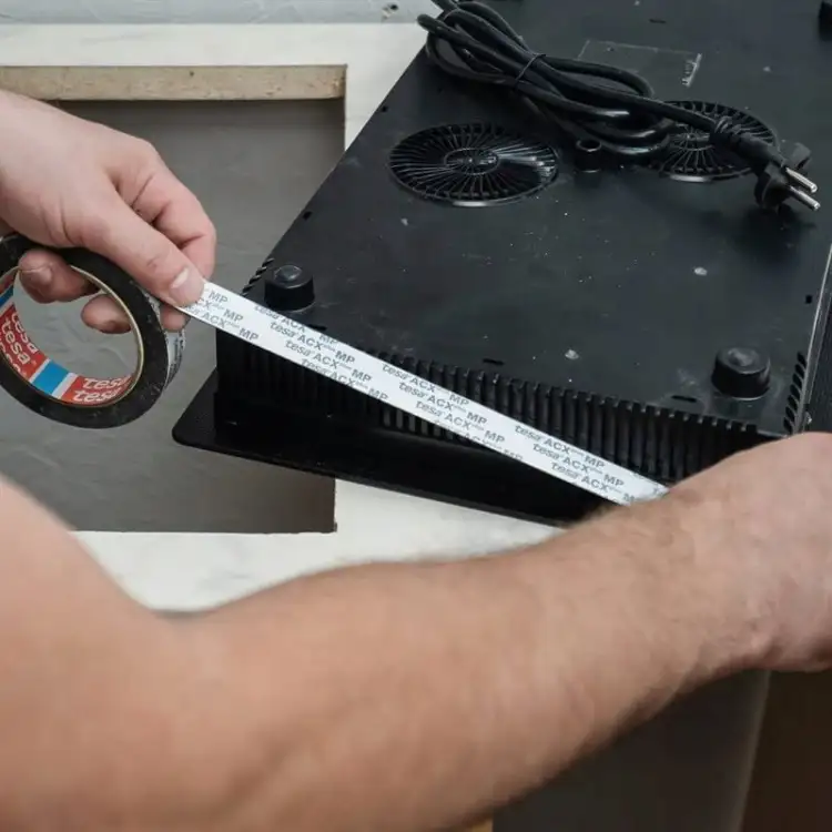 Osoba przykleja piankową taśmę Tesa do tylnej części urządzenia elektronicznego podczas montażu