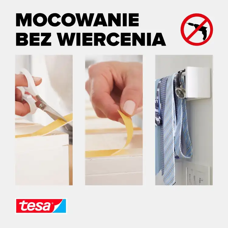 Trzyetapowy sposób użycia dwustronnej taśmy montażowej Tesa do bezinwazyjnego mocowania domowych akcesoriów