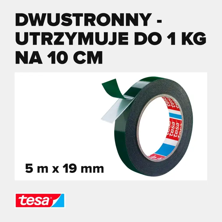 Rolka piankowej taśmy montażowej Tesa prezentowana na białym tle z informacją o wytrzymałości