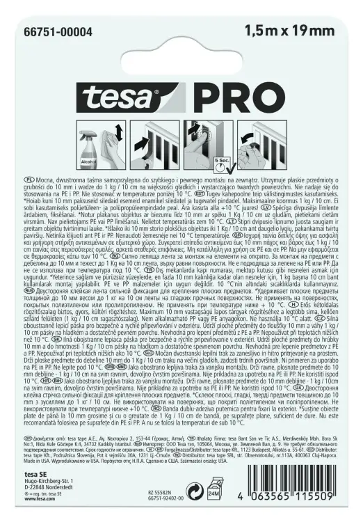 Opakowanie taśmy piankowej Tesa PRO z instrukcją montażu i informacjami technicznymi na odwrocie
