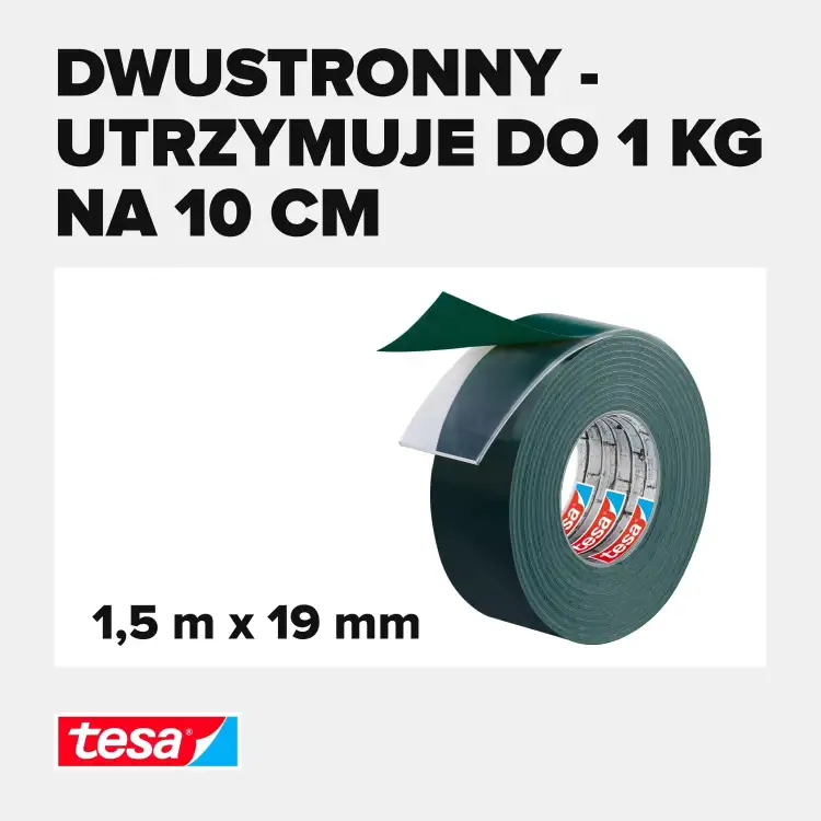 Wytrzymała taśma piankowa Tesa prezentowana na białym tle z widoczną długością i szerokością