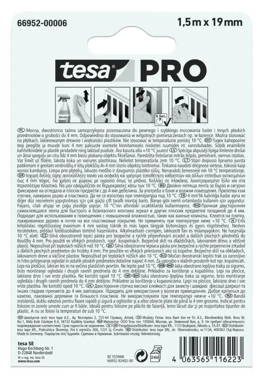 Opakowanie piankowej taśmy Tesa PRO prezentujące instrukcję montażu luster krok po kroku