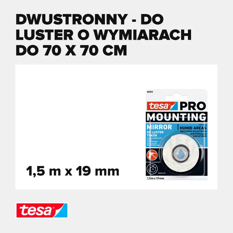 Na zdjęciu widoczna rolka piankowej taśmy Tesa PRO do mocowania luster w opakowaniu