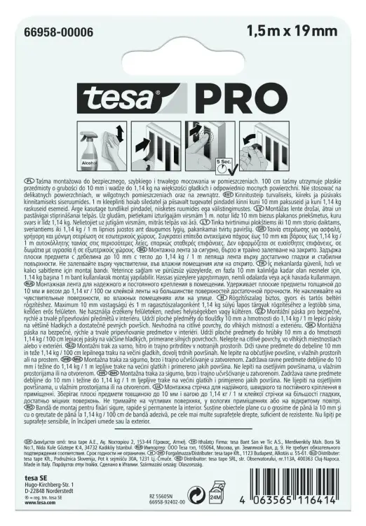 Opakowanie taśmy piankowej Tesa PRO z instrukcją montażu i szczegółowym opisem zastosowania na odwrocie