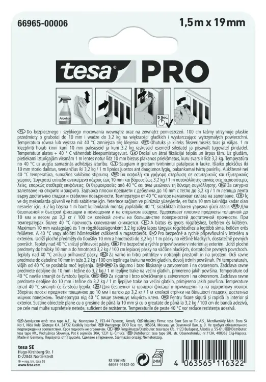 Opakowanie przezroczystej taśmy montażowej Tesa prezentowane od strony z instrukcją i informacjami technicznymi