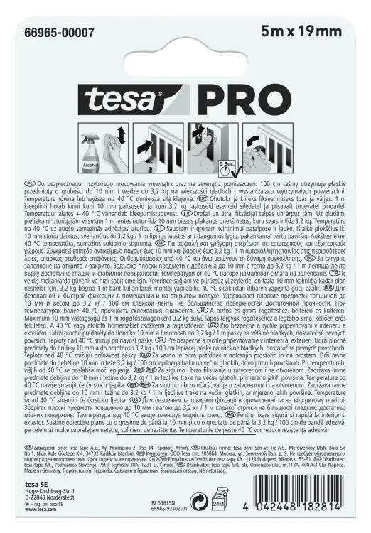 Opakowanie przezroczystej taśmy montażowej Tesa PRO z instrukcją użytkowania widoczną na odwrocie