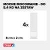 Na zdjęciu widoczne są cztery białe paski rzepów Tesa przeznaczone do mocowania dekoracji na ścianie