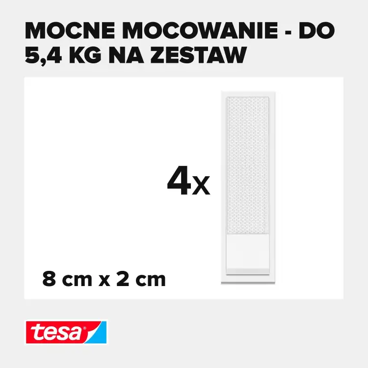 Na zdjęciu widoczne są cztery białe paski rzepów Tesa przeznaczone do mocowania dekoracji na ścianie