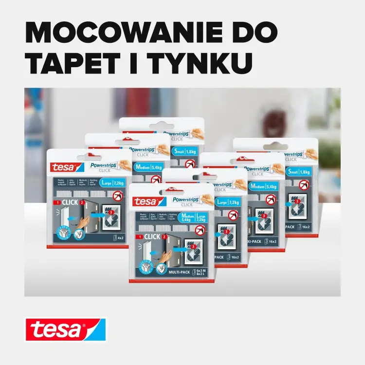 Kilka opakowań rzepów samoprzylepnych Tesa do mocowania dekoracji na tapetach i tynku