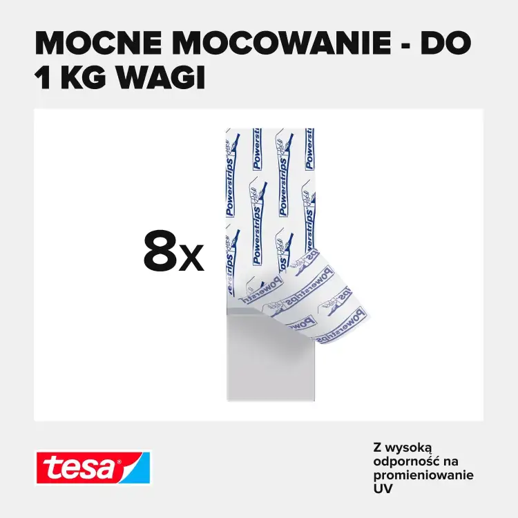 Zestaw ośmiu przezroczystych pasków montażowych Tesa pokazanych na białym tle z informacją o wytrzymałości
