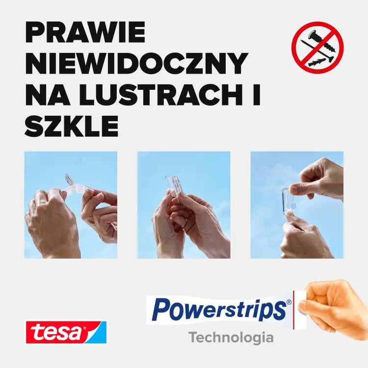 Instrukcja pokazująca sposób użycia przezroczystych pasków montażowych Tesa na szkle i lustrze
