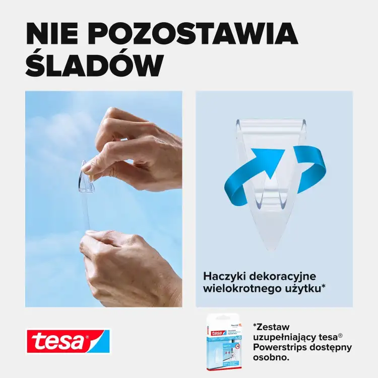 Ręka odkleja przezroczysty haczyk samoprzylepny Tesa z gładkiej powierzchni bez pozostawiania śladów