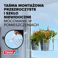 Przezroczysta taśma Tesa utrzymuje doniczki na oknie, zapewniając estetyczny montaż bez śladów