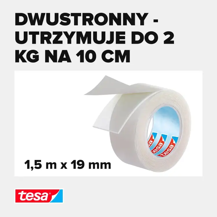 Rolka przezroczystej taśmy montażowej Tesa prezentowana na białym tle z widoczną etykietą i wymiarami