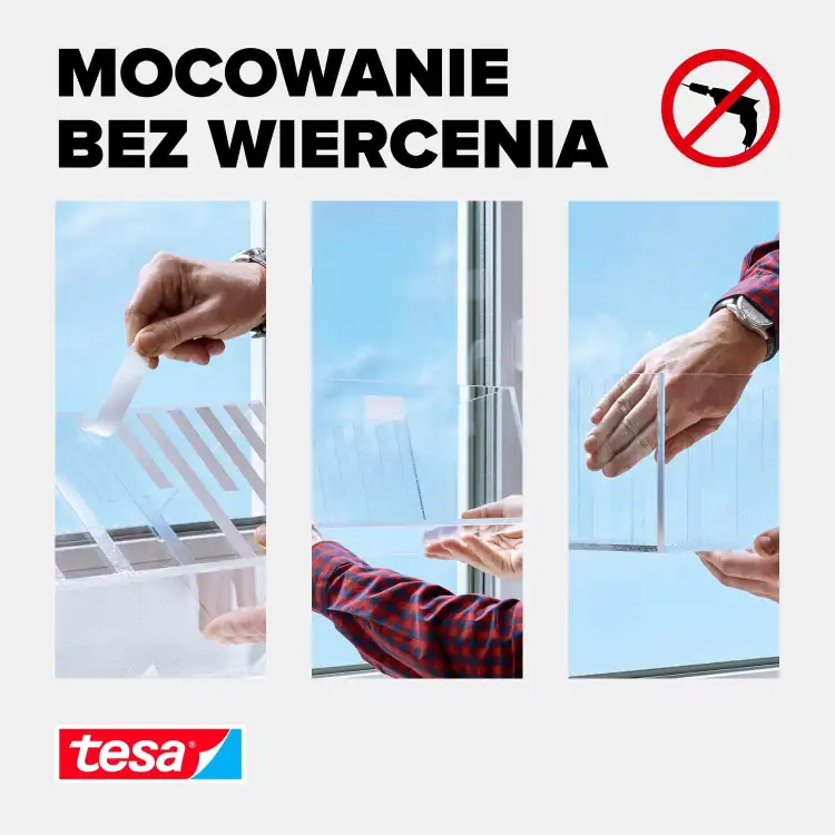 Przykład użycia przezroczystej taśmy montażowej Tesa do mocowania elementów na oknie bez wiercenia