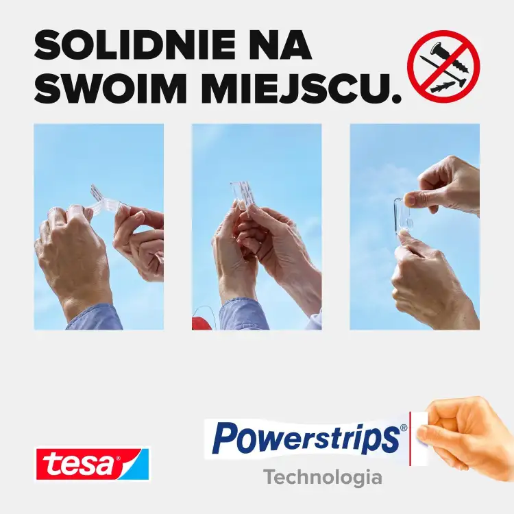Trzy etapy montażu przezroczystego haczyka Tesa z technologią Powerstrips na gładkiej powierzchni