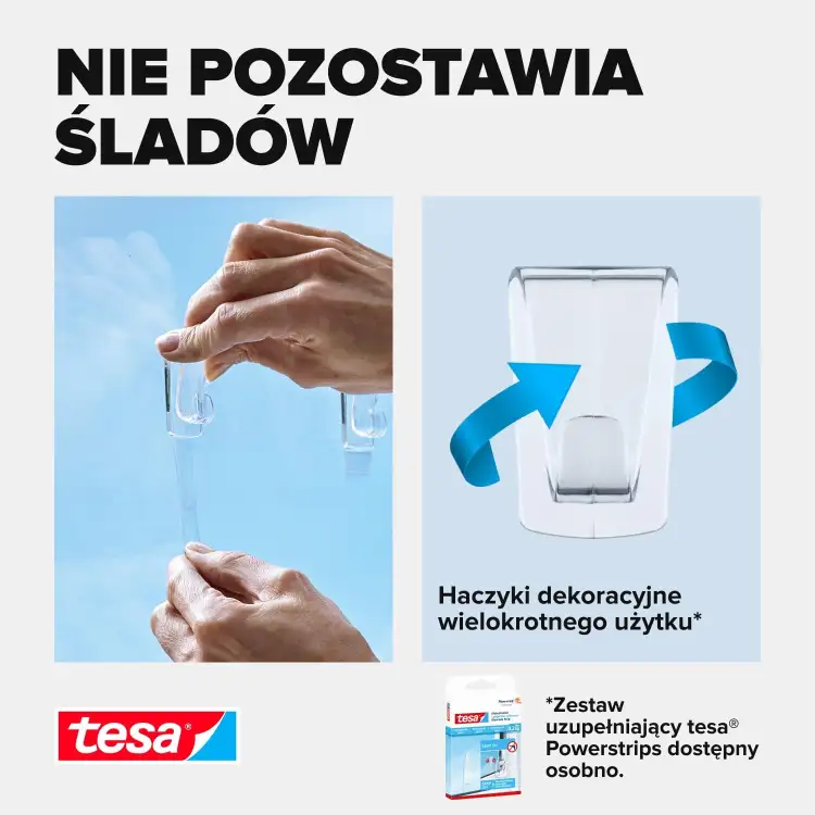 Opakowanie haczyków samoprzylepnych Tesa prezentowane obok dłoni pokazującej sposób ich użycia