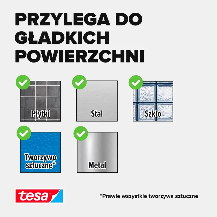 Grafika pokazuje, do jakich gładkich powierzchni można zamontować lustro przy użyciu taśmy Tesa