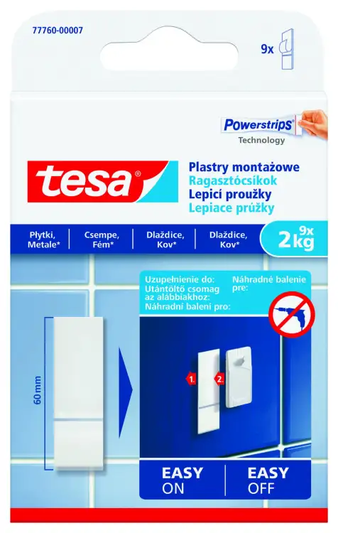 Opakowanie Tesa z samoprzylepnymi paskami montażowymi prezentuje instrukcję mocowania na płytkach i metalu