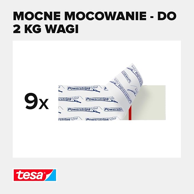 Wyraźny nadruk logo Tesa na białych paskach montażowych przeznaczonych do trwałego mocowania na metalu