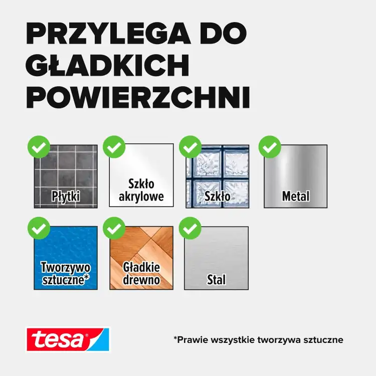 Grafika pokazuje zastosowanie pasków samoprzylepnych Tesa na różnych gładkich powierzchniach takich jak szkło i metal