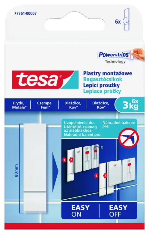 Opakowanie pasków samoprzylepnych Tesa prezentowane na tle instrukcji montażu na płytkach ściennych