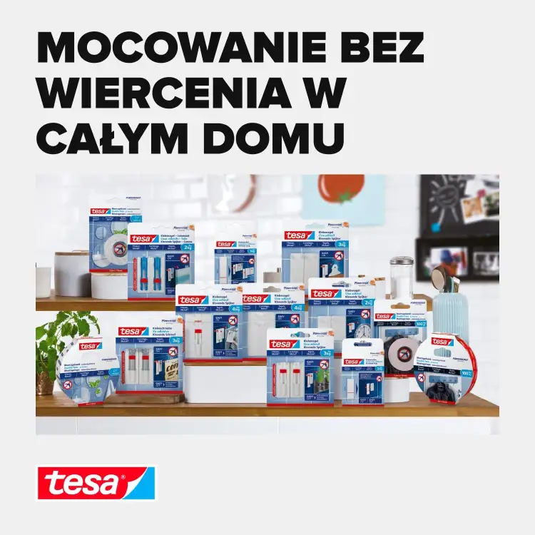 Na zdjęciu widoczna jest szeroka gama pasków montażowych Tesa przeznaczonych do różnych powierzchni w domu