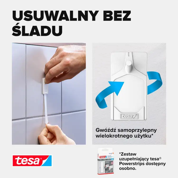 Prezentacja haczyka samoprzylepnego Tesa do dekoracji montowanego na gładkiej powierzchni płytek ściennych