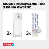 Zbliżenie na biały gwóźdź samoprzylepny Tesa oraz paski montażowe z widocznym logo marki