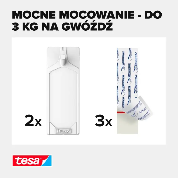 Zbliżenie na biały gwóźdź samoprzylepny Tesa oraz paski montażowe z widocznym logo marki