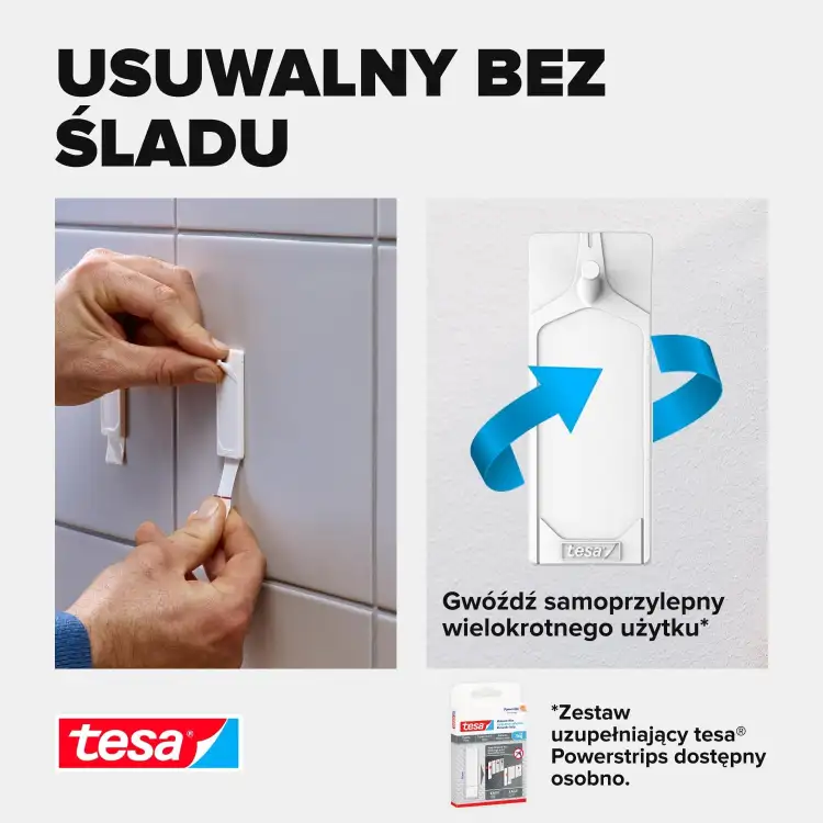 Montaż haczyka samoprzylepnego Tesa na szarej powierzchni szafki prezentujący łatwość użytkowania produktu