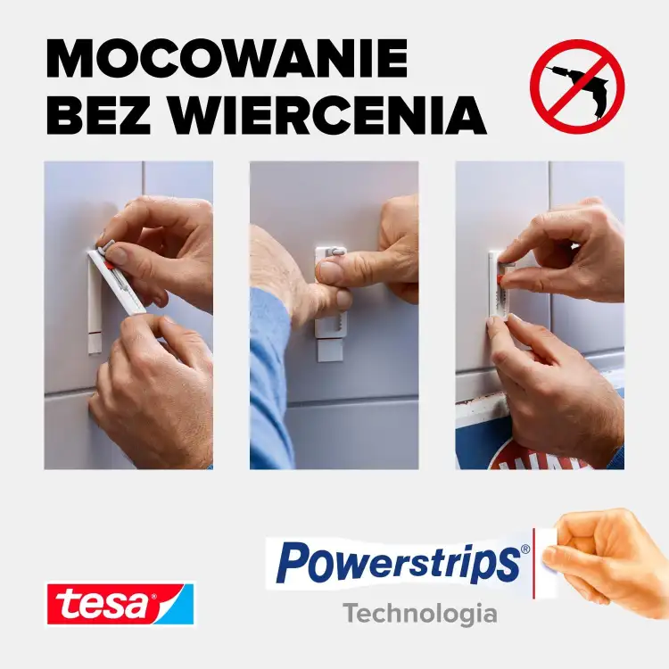 Instrukcja pokazuje kolejne etapy montażu samoprzylepnej śruby Tesa na płytkach ceramicznych bez wiercenia